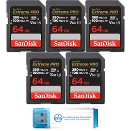 SanDisk (5 Pack) SDXC Memory Card 64GB UHS-II Extreme Pro V60 for Photo and Video (SDSDXEP-064G-GN4IN) Bundle with 1 Everything But Stromboli Micro & SD Card Reader