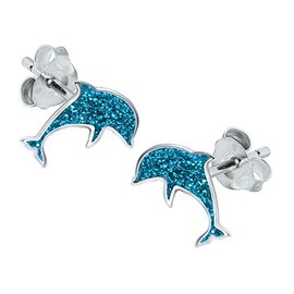 Dolphin Earrings with Blue Sparkly Glitter 925 Sterling Silver