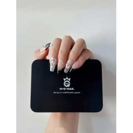 M·Q NAIL,Press on nails,Pink cat's eye square medium nails,Hand drawn,Includes 48 jelly glue and 2 cuticle sticks and 2 rubbing strips. (Black french, M)