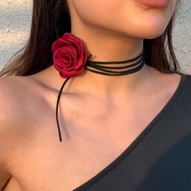 Clataly Handmade Rose Flower Necklace Floral flannel Choker Necklace Adjustable Wedding Bride Party Birthday for Women Girls (Rose)