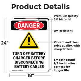 (2 Pack) Turn Off Battery Charger OSHA Danger Sign 18 Inch X 24 Inch Vinyl Label Decal Sticker Weather Resistant, UV Protected for Workplace, Business, and Construction Site, Made in the USA