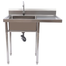 Free Standing Single Bowl Sink, 1 Compartment Commercial Utility & Prep Sink Kitchen Workbench Outdoor Sink Station Camping Sink with Faucet