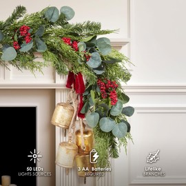 WBHome 6ft Pre-lit Real Touch Mixed Eucalyptus and Cedar Prelit Christmas Garland with Red Berries Winter Greenery Garland for Christmas Holiday Seasonal Outdoor/Indoor Home Decor Mantle, 6FT Long