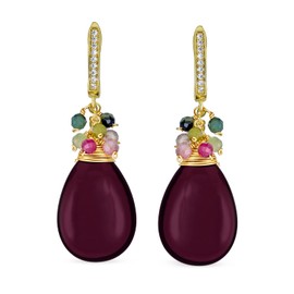 Boho Fashion Multi Color Crystal Bead Accent Wire Wrap Gemstone Pear Shape Black Onyx Teardrop Drop Earrings For Women 14K Yellow Gold Plated Secure Snap back Hinge