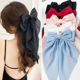 5 pcs Hair Bows for Women & Girls: Big Bow Clips with Ribbons - Bow-Knot Clips for Thick & Thin Hair, Nonslip Claw Clips, 5 PCS - Color: Pink, rose red, burgundy, bright red, black