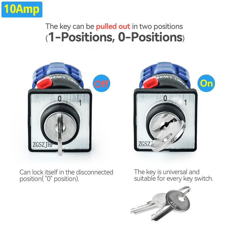 2 Position Key Switch 10Amp 690V AC 16MM 2-Ways Rotary
