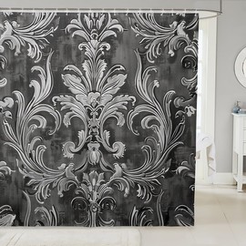jejeloiu Grey Damask Shower Curtain 72"x72" Antique Victorian Baroque Bath Curtain for Boys Girls Teens Gothic Vintage Floral Bathroom Shower Curtain Set Waterproof Exotic Kids Bathroom Accessories