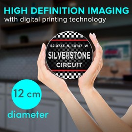 1 x Round Jumbo Size Coaster 12cm Silverstone Circuit Racing Flag Cork Backed MDF Glossy Tea Coffee Accessory #61139