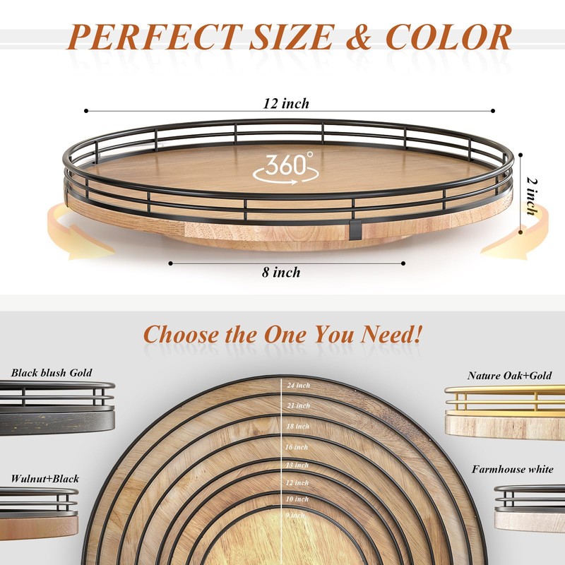 12" Lazy Susan Oak Wood Turntable Organizer for Cabinet, Farmhouse
