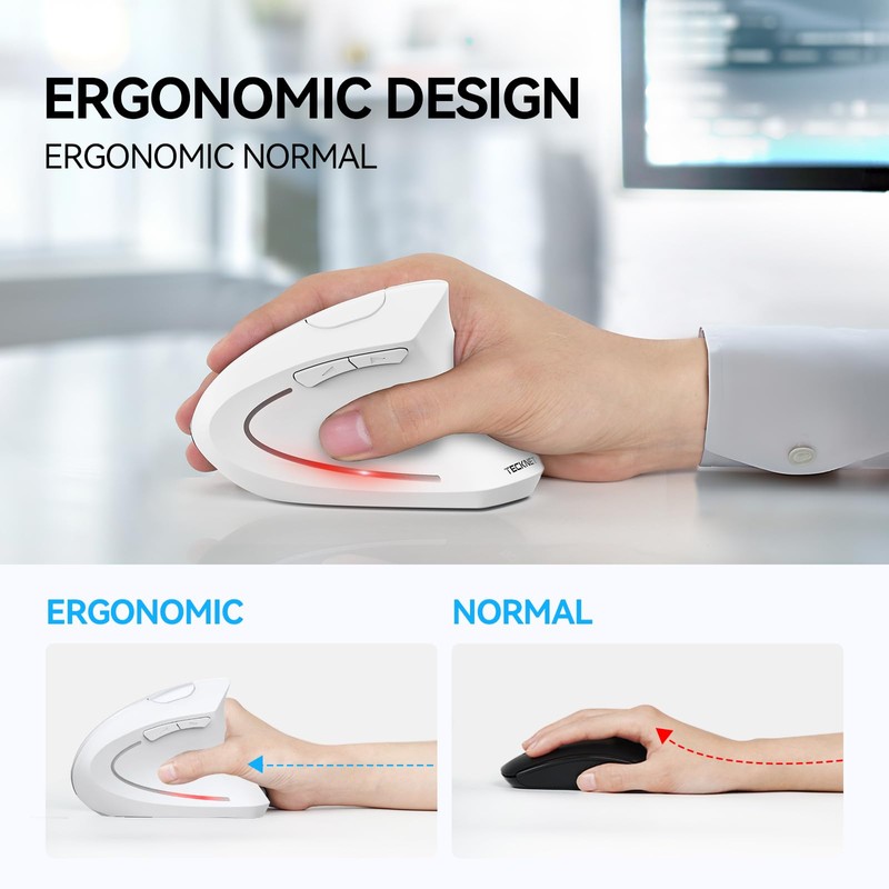 TECKNET Ergonomic Mouse, Wireless Bluetooth Vertical Mouse, 4800 DPI High