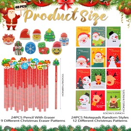 Auzlya Christmas Pencils with Eraser, 24 Christmas Notebook + 24 Christmas Pencils, Christmas Gifts Small Items, Christmas Party Gifts Bag Fillers (Set-F)