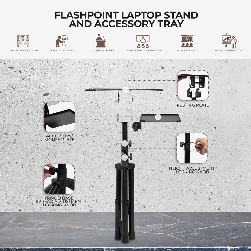Flashpoint Projector Laptop Tripod Stand, Adjustable FoldableHeight, DJ Gear Holder,
