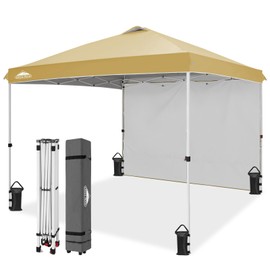 EAGLE PEAK Pop Up Canopy Tent with 1 Sidewall, Easy Setup Event Tent, Outdoor Sun Shade, Wheeled Carry Bag, Stakes and Guy Ropes, Instant Canopy 10x10, Beige