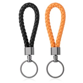 Apausvcm 2Pcs Braided Leather Keychain, Handwoven Keyring Straps for Men Women Metal Key Fob Key Ring Key Chains Keyring for Home Car Keys Bag Wallet (Black Orange)