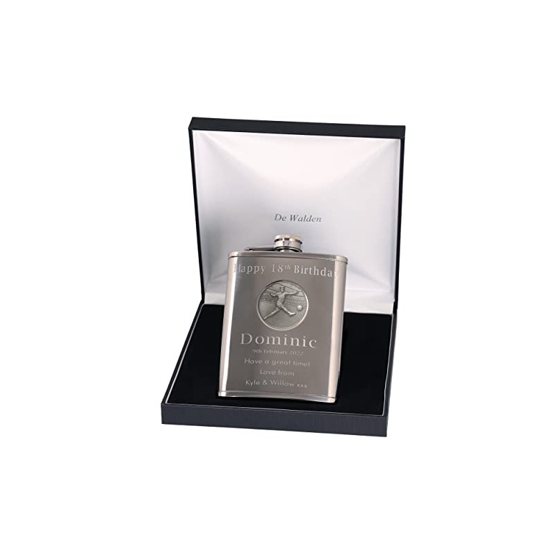 18th Birthday Engraved Hip Flask with Footballer Feature in Gift