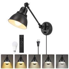 GOODATE 1 Pack Plug in Wall Sconce with Remote Control, Stepless Dimming & Stepless Colors 2700K-6500K, Plug in Wall Light, Swing Arm Wall Lamp with Night Light & Timer, LED Bulb Included