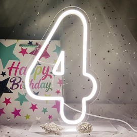 Jillwoen LED Number Neon Signs,Four Neon Sign for Birthday,Light Up Four Neon Sign USB Powered Night Light for Birthday Party Anniversary Girls Gifts Home Chrismas Decor,Warm White 4,Size11.8*7.6in(JWD004)