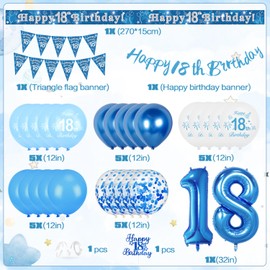 Decorazioni per 18° compleanno, palloncini blu per 18° compleanno, striscione di buon compleanno per decorazione per feste blu, numero 18 palloncino triangolo bandiera coriandoli palloncini per