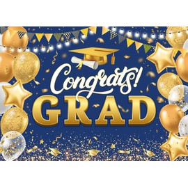 LYWYGG 7x5ft Congrats Grad Bckdrop Congratulations Backdrops Blue and Gold Graduation Photography Background Graduation Party Decorations cp-652