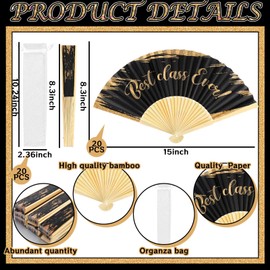 GlikCeil 20 Pcs Class Reunion Decorations 10 Year Reunion Hand Folding Fans with Organza Bags Bulk Foldable Paper Black and Gold Fans for Souvenir Party Favor Supplies Ceremony