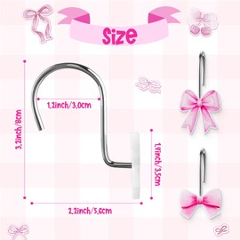 MALLMALL6 12Pcs Pink Bow Knot Shower Curtain Hooks Decorative Coquette Bowknot Metal Rustproof Pendants Bathroom Bedroom Baby Living Room Nursery Art Decor Accessories Stainless Curtains Rings