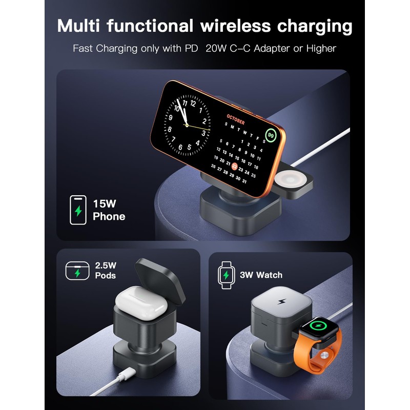3 in 1 Wireless Charging Station, Wireless Charger with Night-Lamp