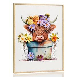 InSimSea Framed Canvas Wall Art Prints, Handmade 3D Floral Wall Art for Bathroom Living Room Bedroom, Vintage Highland Cow Painting Decor, Cottage Aesthetic Rustic Farmhouse Wall Decor, 12x16inch