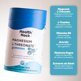 Health Hack Magnesio L-Treonato en Gomitas, 1500 mg L-Treonate, 120 mg Magnesio Elemental, con L-Teanina, Acerola, Vitamina B6 y Pimienta Negra, Sin A