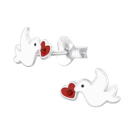 Dove with Love Heart and Red Crystal Stone Earrings 925 Sterling Silver
