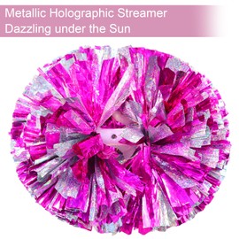 Extpro 6Pcs Cheerleading Pom Poms Matte Metallic Foil Cheer Pompoms with Baton Handle, Kids Adults Team Spirit Cheering Stuff for Sports Games Carnival (Laser Rose Pink Silver)