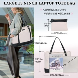 VX VONXURY Women's 15.6 Inch Laptop Tote Bag, White/Beige, 21.9L Capacity, Water Resistant, 11 Pockets, Shockproof Laptop Compartment