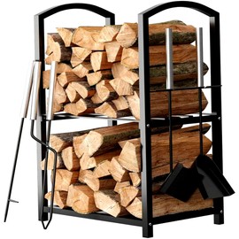 Home-it Firewood Rack Outdoor Indoor - 2-Tier Firewood Holder with Fireplace Tools Set, Brush, Shovel, Poker, Tongs - Waterproof Steel Pipe Log Holder, Black Stove Wrought Iron - 17x12x29