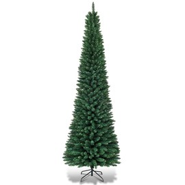 DORTALA 9 FT Pencil Christmas Tree, Unlit Artificial Slim Xmas Tree with 1500 Branch Tips, Metal Stand, Skinny Christmas Tree for Home, Office, Shop, Green
