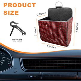 Dickno Car Vent Storage Organizer, Rhinestones Leather Air Vent Pocket, Bling Automotive Vent Pouch Box with Hook, Multipurpose Dashboard Air Vent Cell Phone Holder for Girl Women （Red）