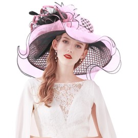 Z&X Women's Organza Derby Church Hat Fascinator Clip Sequin Dots Wide Brim Sun Hats for Wedding Tea Party Pink