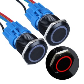 DMWD 2Pcs 22mm Momentary Metal Push Button Switch 12V-24V 1NO 1NC (ON)-Off Black Shell Button Self-Reset with Wire Socket Plug for 7/8" Mounting Hole (Red led Light)