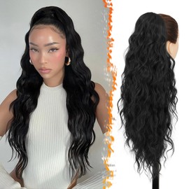 BARSDAR Black Ponytail Extension - Drawstring Ponytail for Women 26 Inch Long Wavy Pony Tails Hair Extensions - Synthetic Clip in Pony Tails Hairpieces Fake Ponytails- Natural Black