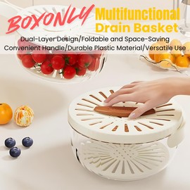Boxonly Multifunctional Fruit and Vegetable Washing Bowl with Lid – 2-in-1 Plastic Drain Basket with Foldable Handle, Colanders and Strainers for Kitchen Use (White and Brown, 2 Pcs)