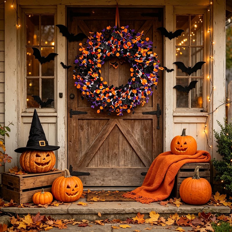 Boxwood Halloween Wreaths ，20 Inch Black Purple Orange with Bats