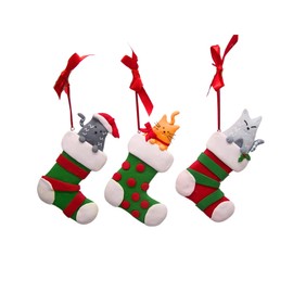 Festive Clay Dough Cats in Stockings Christmas Ornaments, Set of 3 Assorted, Festive Holiday Ornaments, Unique Gift