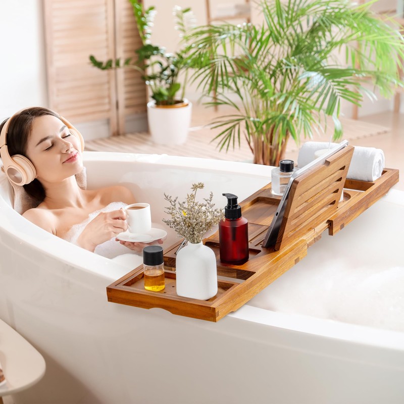 Teak Bathtub Tray - Luxury Bath Tray with Expandable Handles,