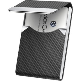 MaxGear Business Card Holder, PU Leather & Stainless Steel Business Card Case for Men or Women, Slim Name Cards Holder RFID Blocking Credit Cards Carrier with Magnetic Closure, Black Carbon