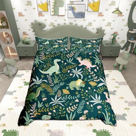 Castle Fairy Cute Dinosaur Bedding Set Twin Size,Kids Cartoon Dino Kawaii Animal Comforter Cover Set for Kids Girls,Green Pink Leaves Plant Botanical Bedding Quilt Cover Set Bedroom Decor, 2 Pcs