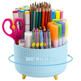 Marbrasse Desk Organizer, 360-Degree Rotating Pen Holder, Desk Organizers and Accessories with 5 Compartments Pencil Holder, Art Supply Storage Box Caddy for Office, Home（Light Blue）