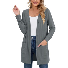 Heymoments Lightweight Open-Front Cardigan Sweater for Women Long Sleeve Causal Button Down Soft Outwear Tops with Pocket (S-2XL) Deep Grey