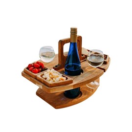 Portable Cheese Board Set - Wooden Cheese Serving Platter Fruits Tray Platter Nuts Plate Integrated 4 Food Units and Wooden Wine Glass Holder Removable for Travel Picnic