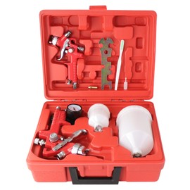 HVLP Air Gravity Spray Gun Set, 2 Pcs Sprayer Paint Gun Kit, 0.8mm 125ml & 1.4mm 600ml Automotive Paint Gun with Locking Air Pressure Regulator Gauge for Furniture, Car, Fence,Model Making (Red)