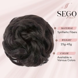 SEGOHAIR Messy Bun Hair Piece Fake Hair Bun Hair Scrunchies Bun - Lightweight 45g Synthetic Hair Bun Piece for Women, Dark Brown Curly Wavy Elastic updo Scrunchy Bun