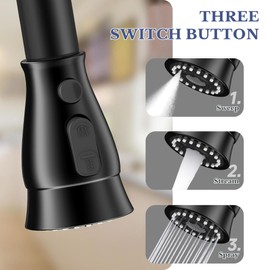ARRISEA Pull Down Spray Head Replacement - for Kitchen Faucet Sprayer Head with with Five Tap Aerator & 10 Types Adapter, 3 Function ABS Plastic Black Spray Nozzle