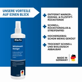 Klarfix Whiteboard-Reiniger für Flipcharts, Magnettafeln, Planungstafeln & Whiteboards | Entfernt Marker- & Stift-Rückstände rückstandslos | Schnelltrocknend | Made in Germany (1x 250ml)